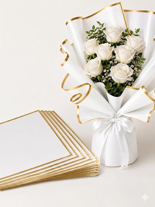 Waterproof Multicolor Bouquet Wrapping Paper 58cm x 58cm (60 Microns) – Wavy Line Design for Flower Bouquets, Gift Wrapping & DIY Decoration: Pack of 20 Sheets: White