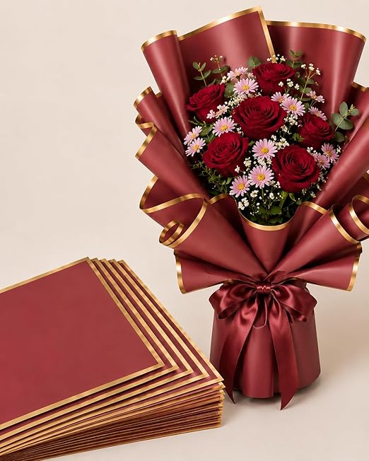 Waterproof Multicolour Bouquet Wrapping Paper 58cm x 58cm (60 Microns) – Wavy Line Design for Flower Bouquets, Gift Wrapping & DIY Decoration: Pack of 20 Sheets: Mahroon