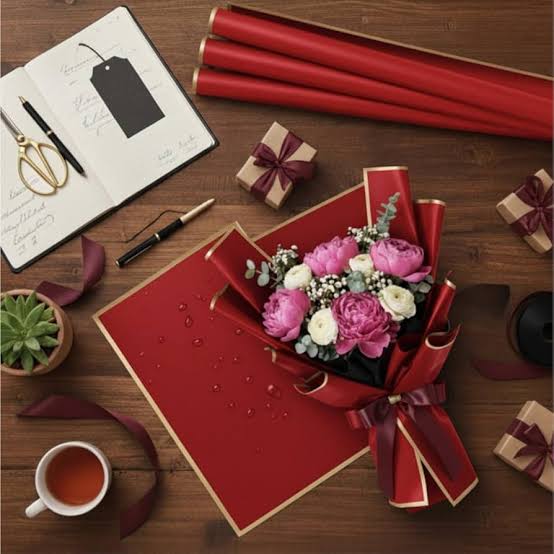 Waterproof Multicolour Bouquet Wrapping Paper 58cm x 58cm (60 Microns) – Wavy Line Design for Flower Bouquets, Gift Wrapping & DIY Decoration: Pack of 20 Sheets: Red
